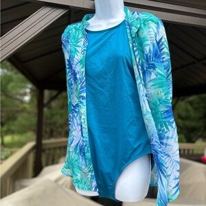Bon Worth Teal and Leaf Print Swim Coverup, Size: S